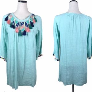 Valzera Aqua tassel pom pom boho tunic
